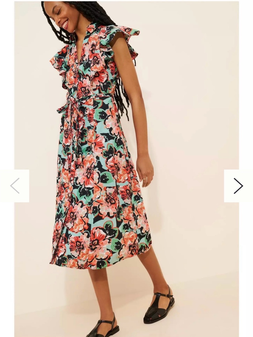 Anthropologie Floral Ruffle Midi Dress in Coral, Black & Mint